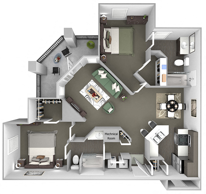Floor plan for 2 beds, 2 baths, 1157 sqft